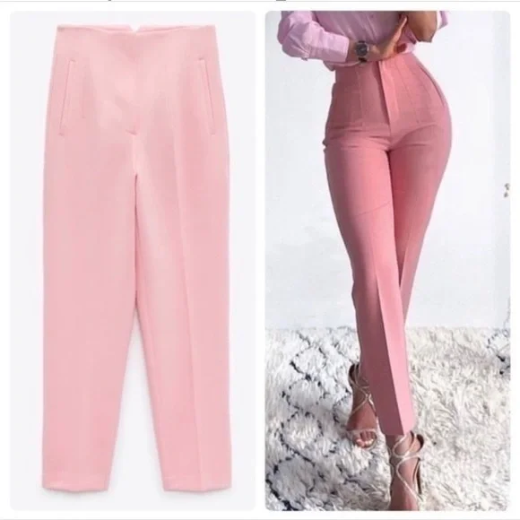 Zara High Waist Slim Fit Trousers Pink - - Picture 3 of 11